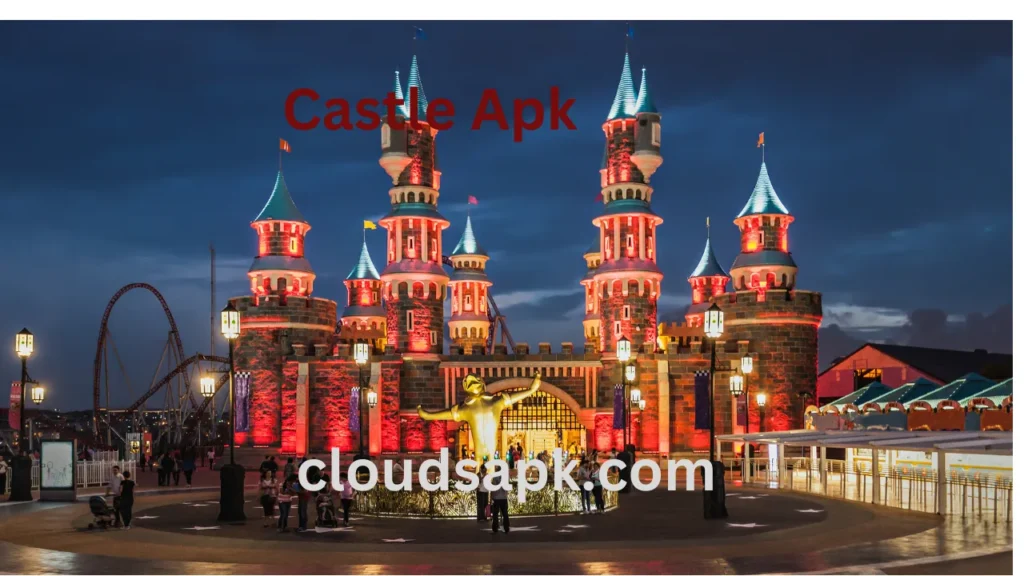 Illustration of Castle APK with a castle graphic and the text 'CloudsAPK' and 'Castle APK.' The image highlights the app's features, including HD streaming and premium content.